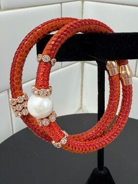 2 Luca Lorenzini Designer Bracelets - Pearl & Crystal Leather Wrapped